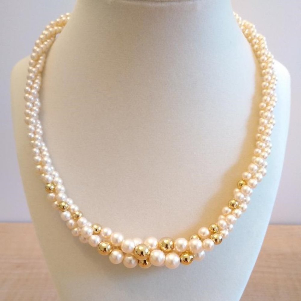 Napier 3 Strand Twisted Faux Pearl Necklace with Gold Tone Beads